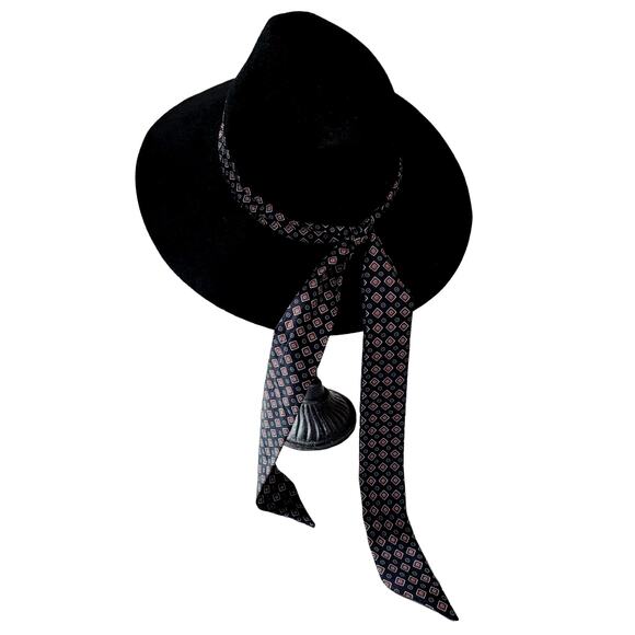 Zara Black Felt Hat with Printed Scarf Size Medium Boho Bohemian - Picture 5 of 10